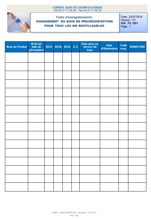 Fiche d'enregistrement de suivi du changement du bain de pré-desinfection