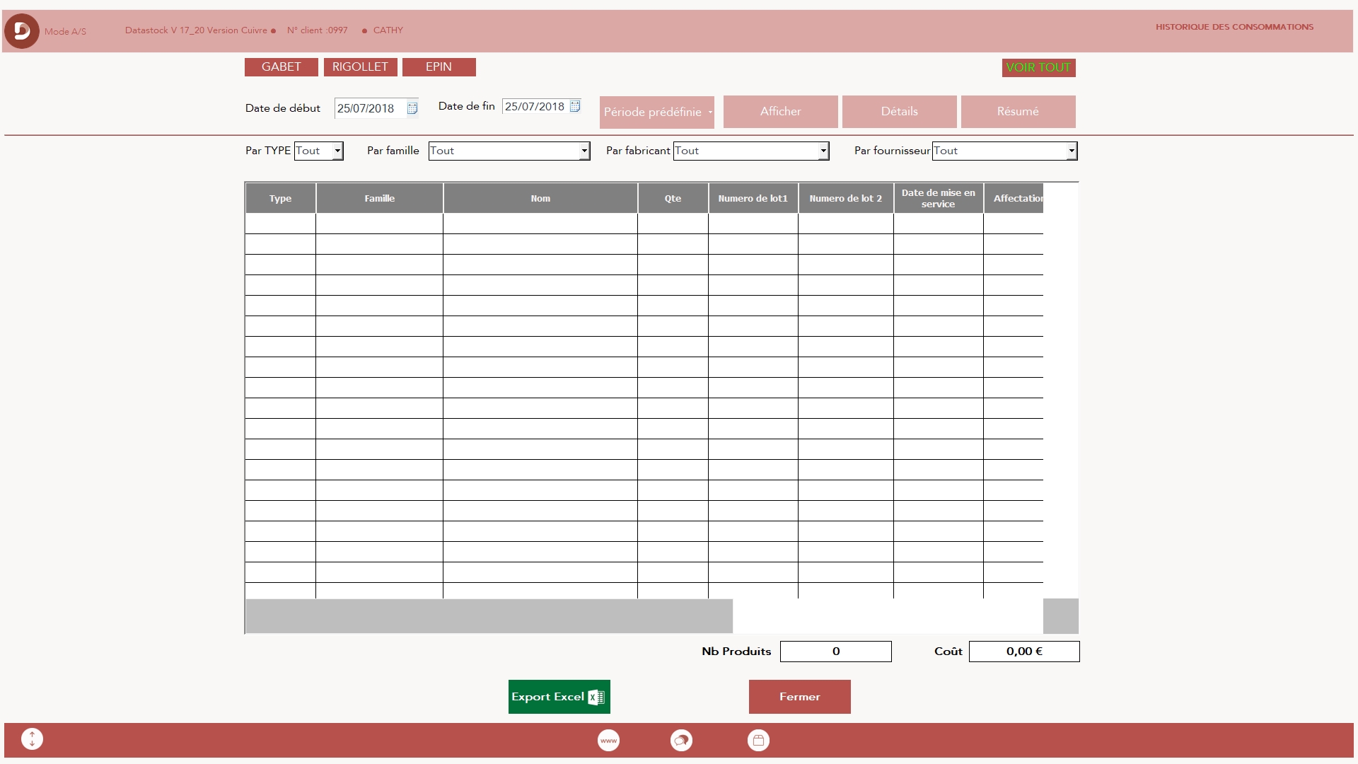 Interface logiciel gestion de stock. Historique - Cuivre