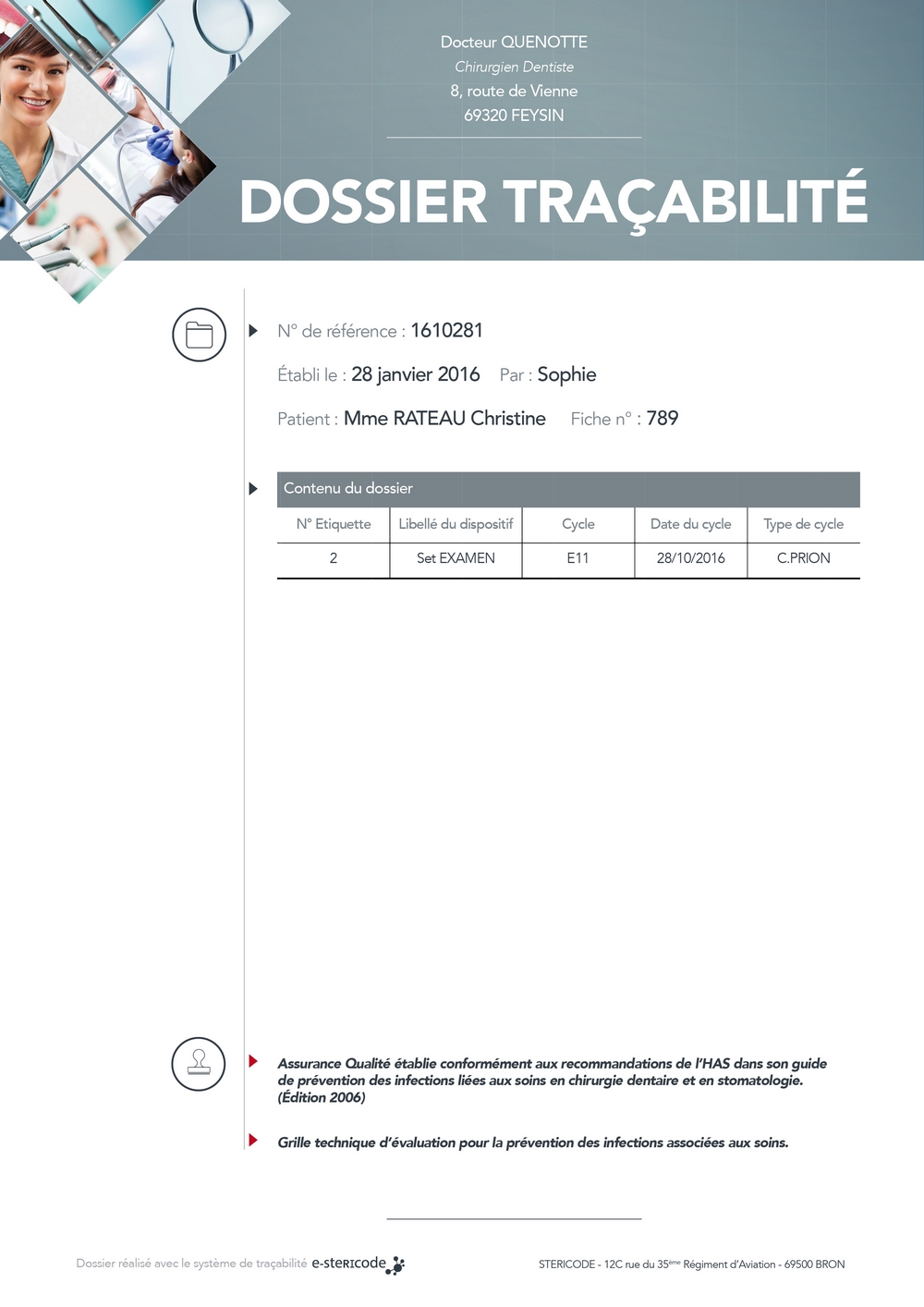 e-stericode - Dossier de traçabilité